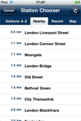 application screenshot: nearest stations